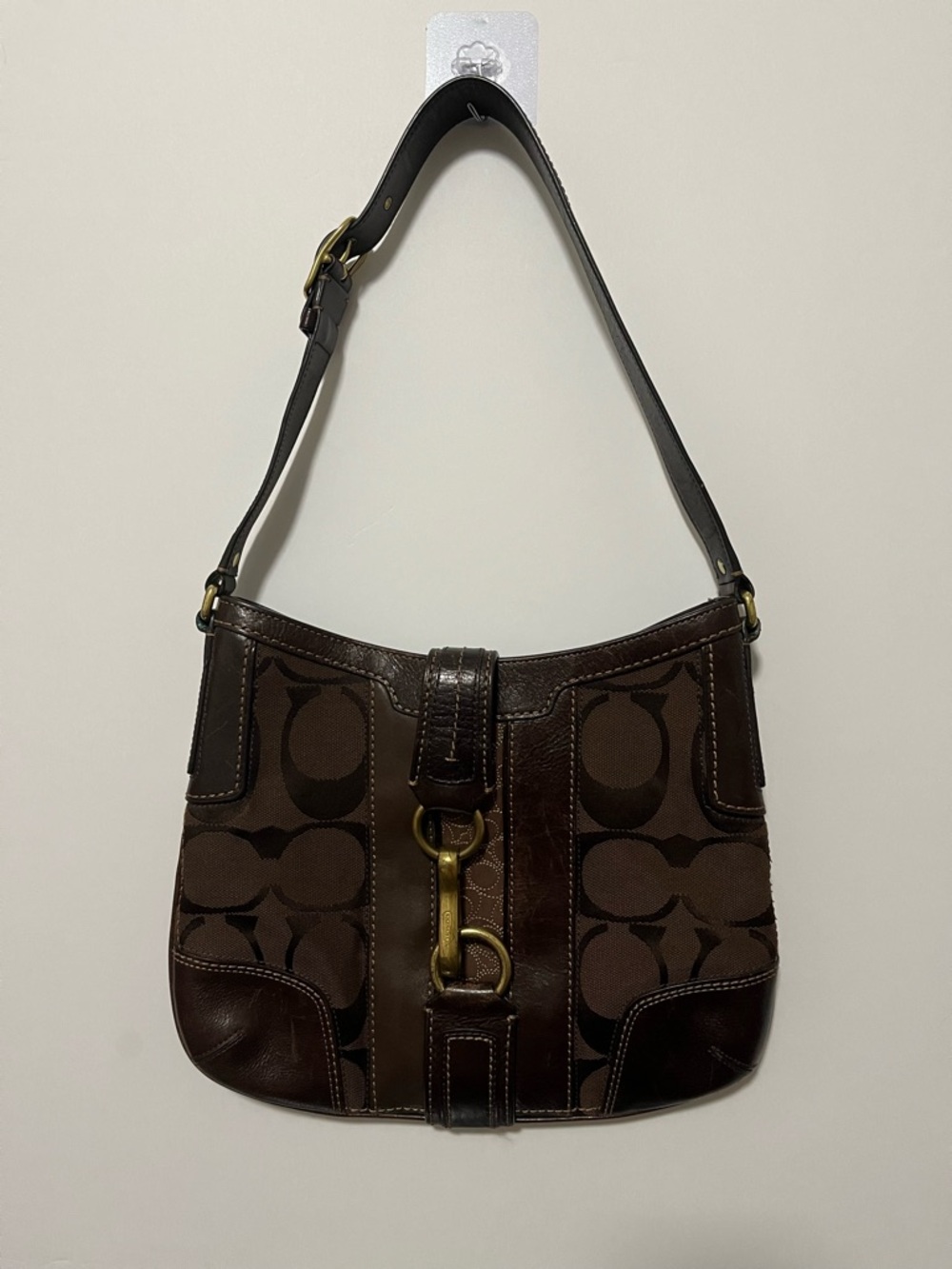 Vintage Coach Hampton Dark Brown Signature Canvas Shoulder Bag with Leather Trim
